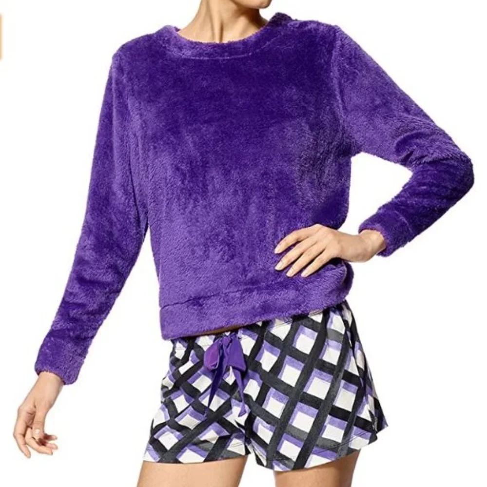 Hue Purple Fuzzy Plaid Boxer Shirt Pajama Set Wmn's Size Medium PJ61533 - Picture 1 of 1